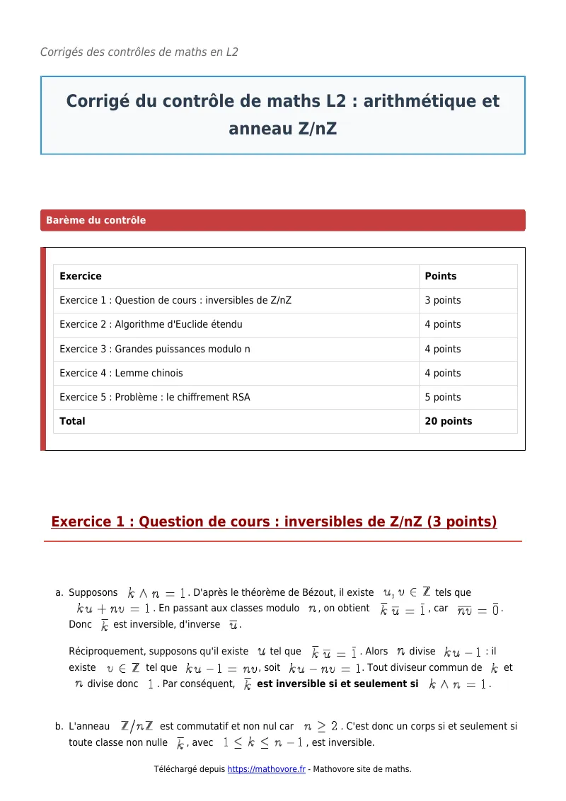 Contrôle de maths en L2 : Arithmétique et anneau Z/nZ corrigé en PDF