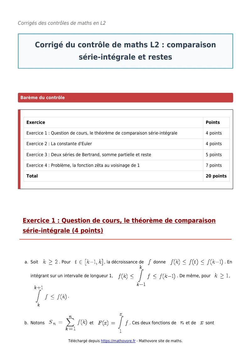 Contrôle de maths en L2 : Comparaison série-intégrale et restes corrigé en PDF