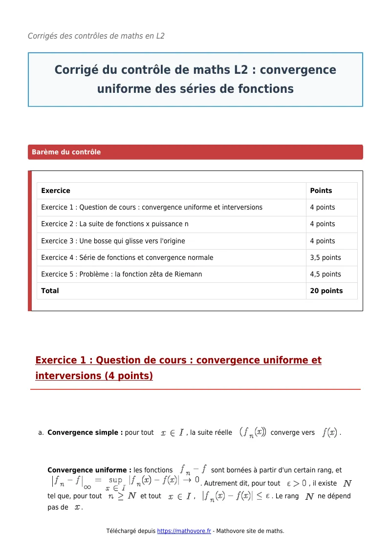 Contrôle de maths en L2 : Convergence uniforme des séries de fonctions corrigé en PDF