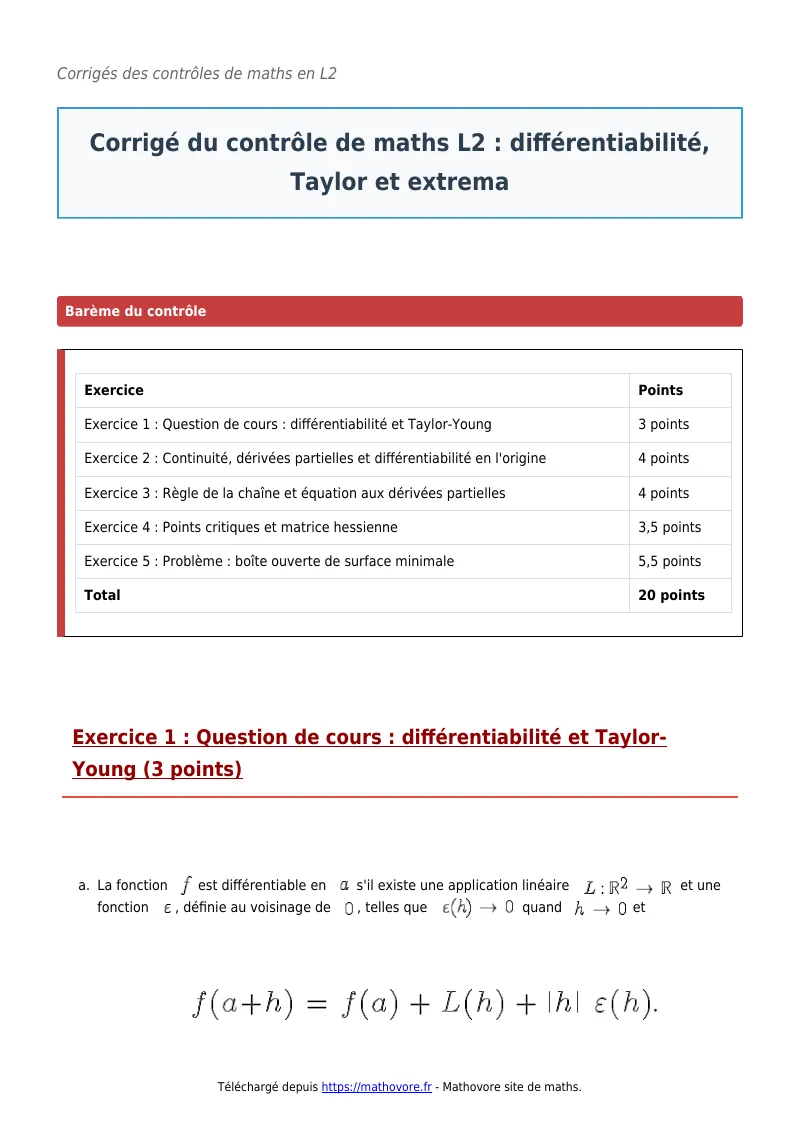 Contrôle de maths en L2 : Différentiabilité, Taylor et extrema corrigé en PDF