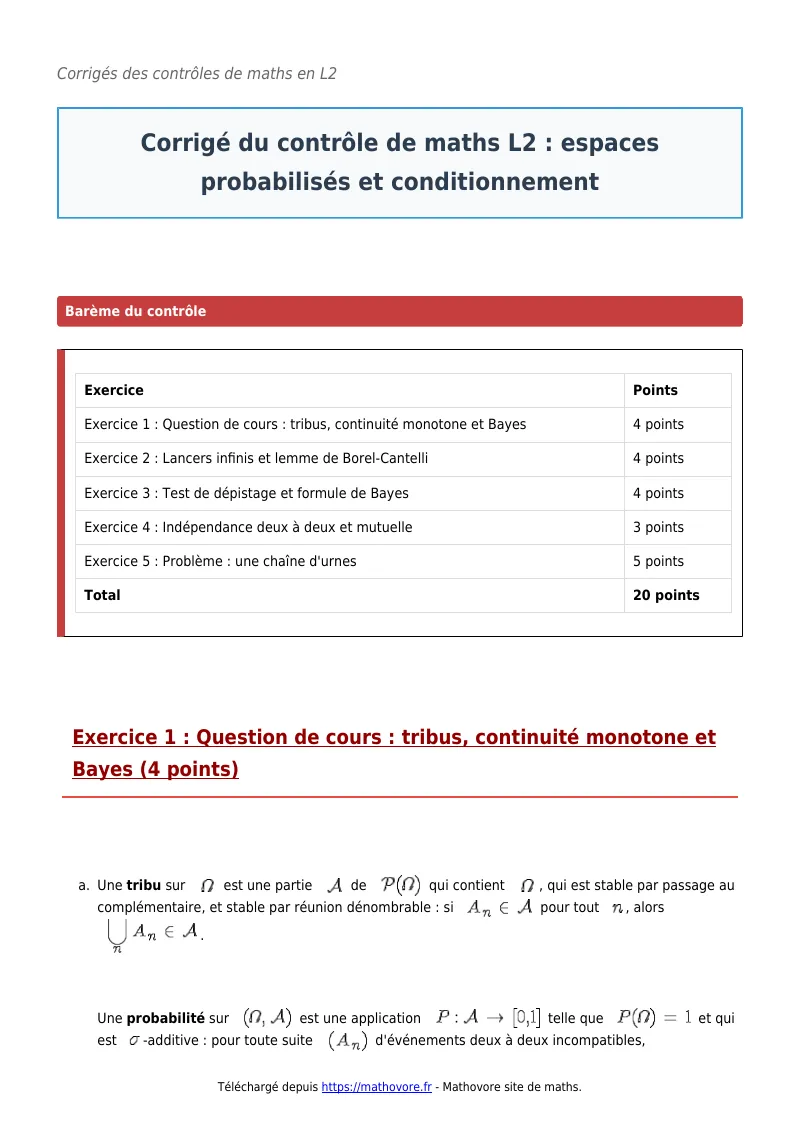 Contrôle de maths en L2 : Espaces probabilisés et conditionnement corrigé en PDF