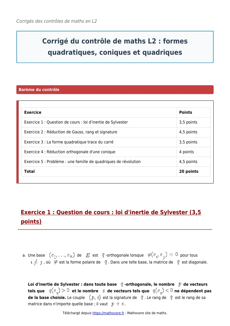 Contrôle de maths en L2 : Formes quadratiques, coniques et quadriques corrigé en PDF