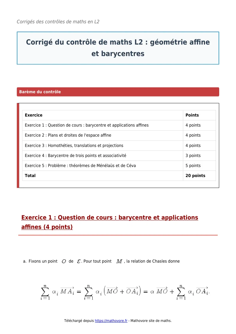 Contrôle de maths en L2 : Géométrie affine et barycentres corrigé en PDF
