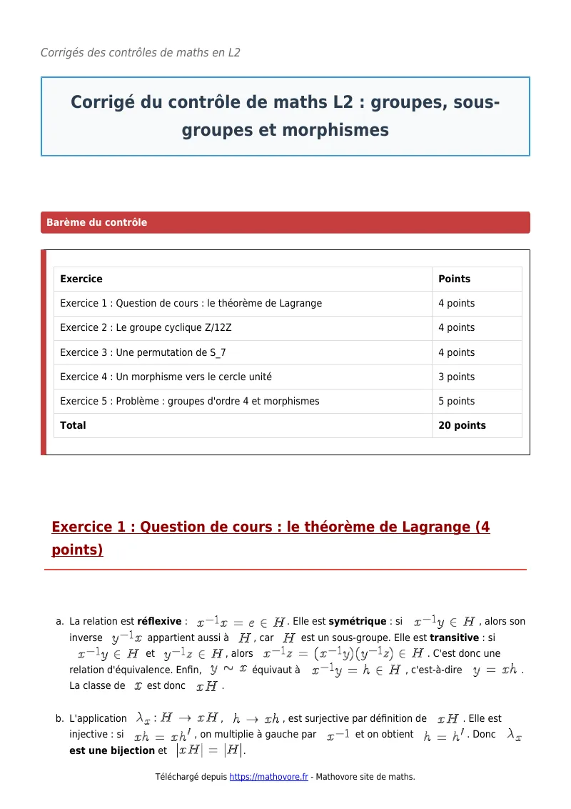 Contrôle de maths en L2 : Groupes, sous-groupes et morphismes corrigé en PDF