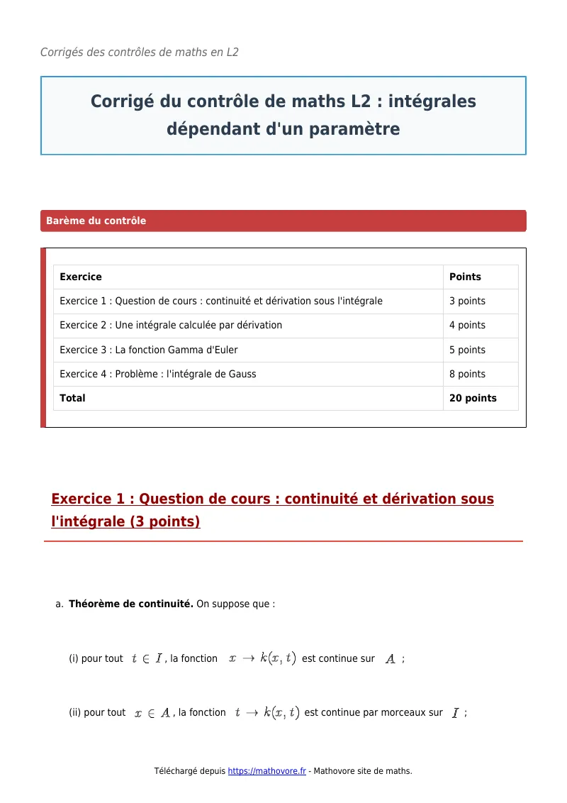 Contrôle de maths en L2 : Intégrales dépendant d’un paramètre corrigé en PDF