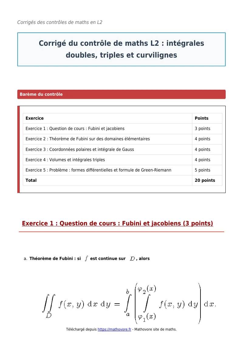 Contrôle de maths en L2 : Intégrales doubles, triples et curvilignes corrigé en PDF