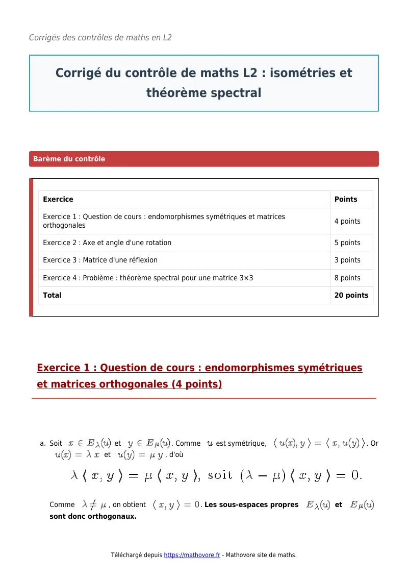 Contrôle de maths en L2 : Isométries et théorème spectral corrigé en PDF