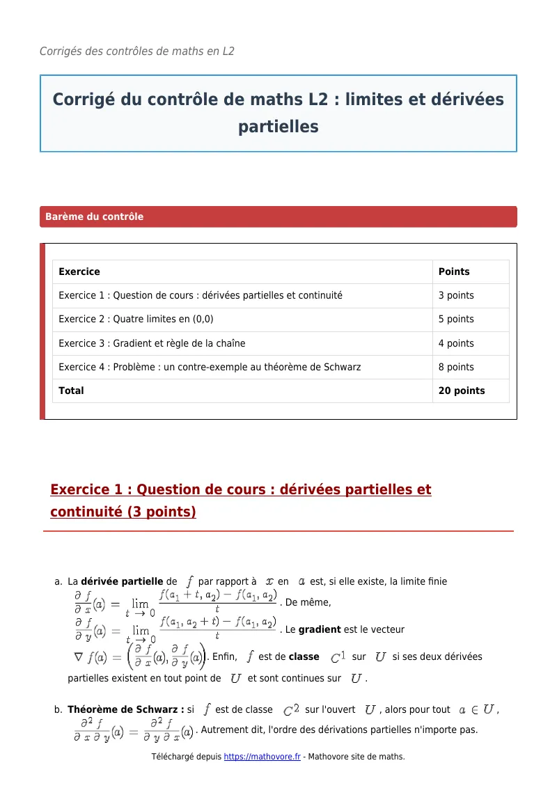 Contrôle de maths en L2 : Limites et dérivées partielles corrigé en PDF