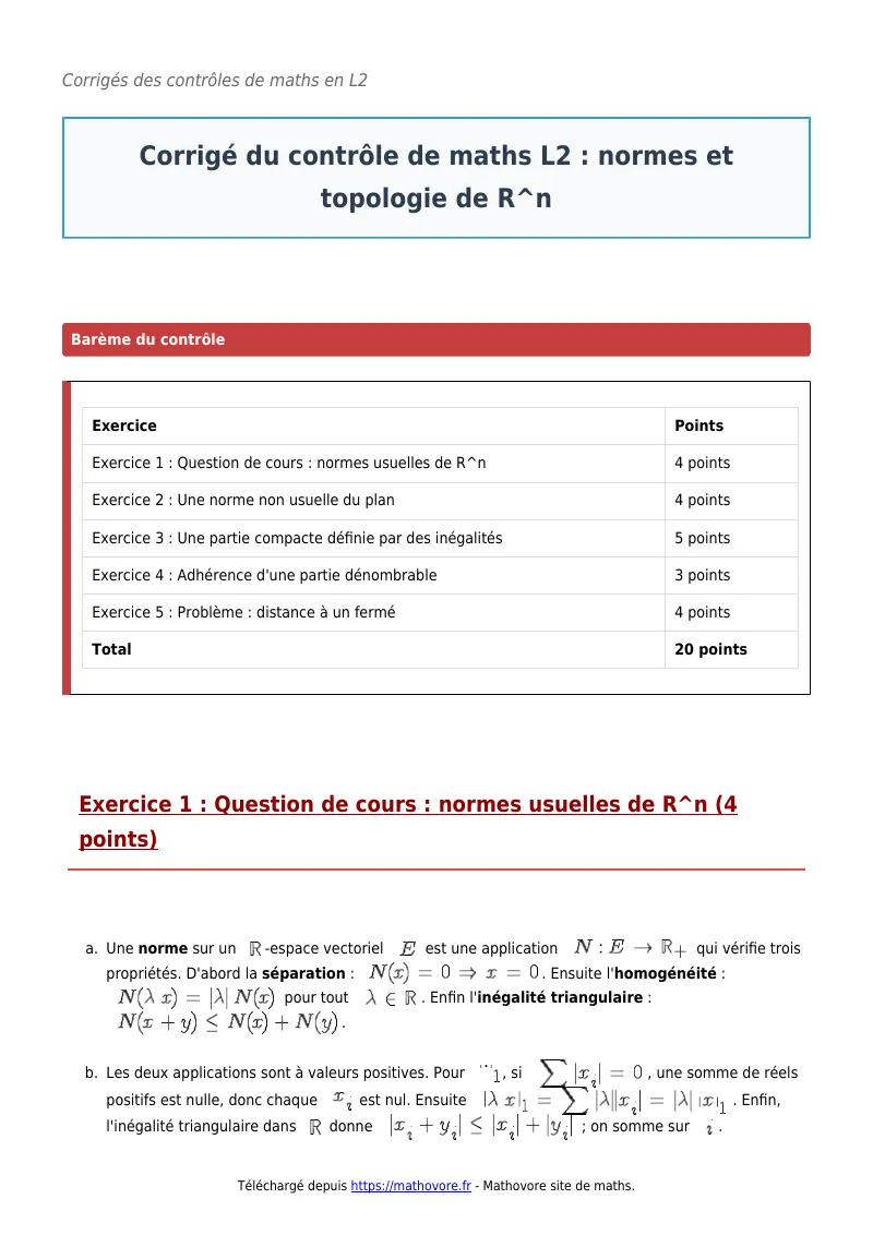 Contrôle de maths en L2 : Normes et topologie de R^n corrigé en PDF