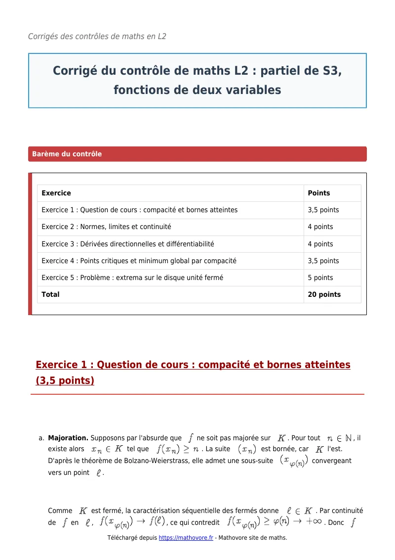 Contrôle de maths en L2 : Partiel de S3, fonctions de deux variables corrigé en PDF
