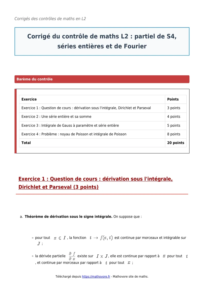 Contrôle de maths en L2 : Partiel de S4, séries entières et de Fourier corrigé en PDF
