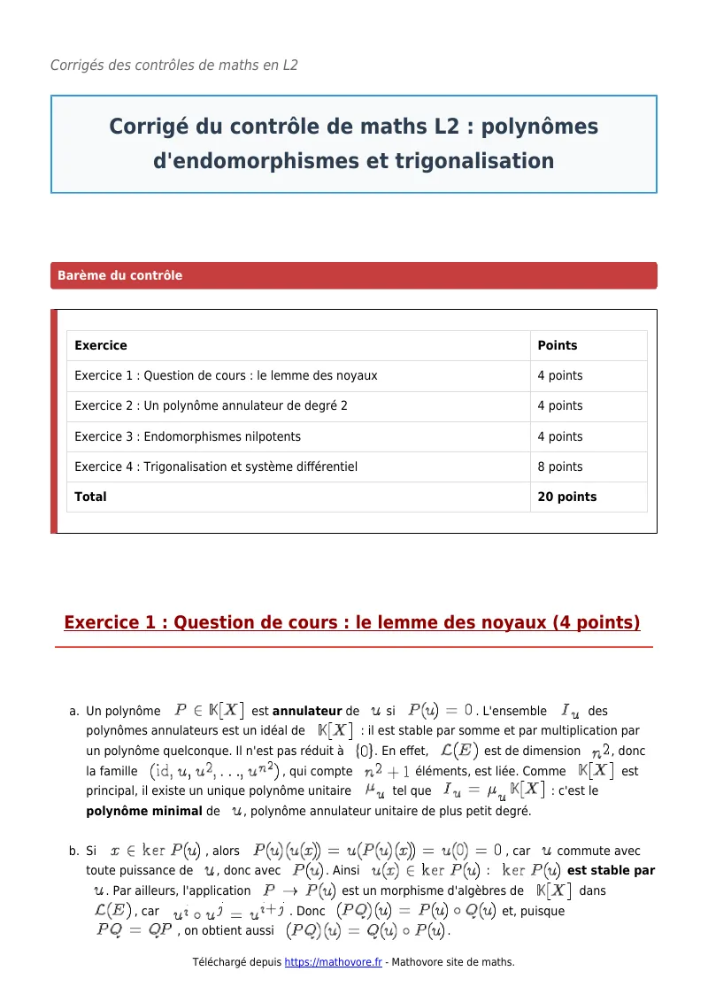Contrôle de maths en L2 : Polynômes d’endomorphismes et trigonalisation corrigé en PDF