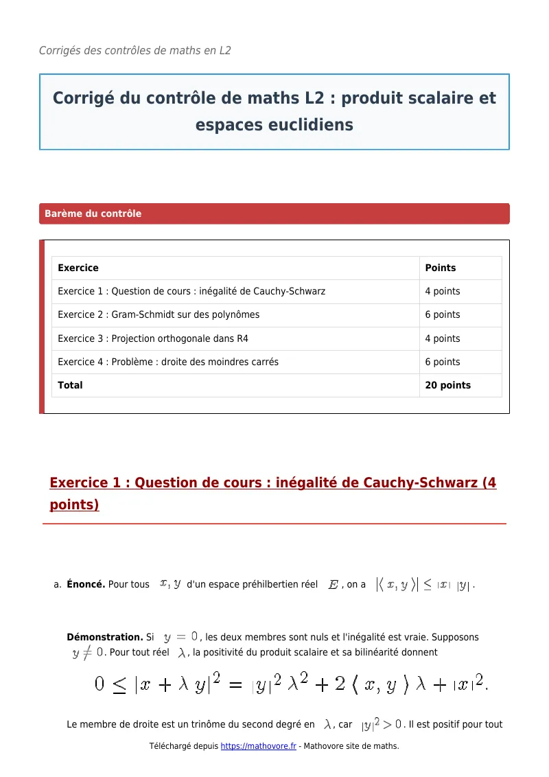 Contrôle de maths en L2 : Produit scalaire et espaces euclidiens corrigé en PDF