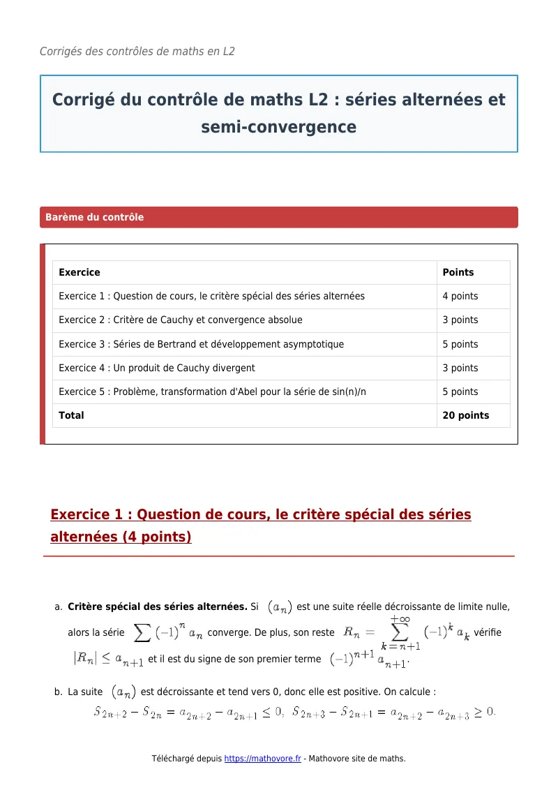 Contrôle de maths en L2 : Séries alternées et semi-convergence corrigé en PDF