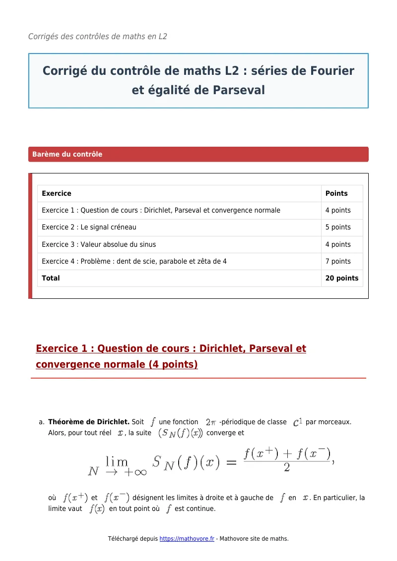 Contrôle de maths en L2 : Séries de Fourier et égalité de Parseval corrigé en PDF