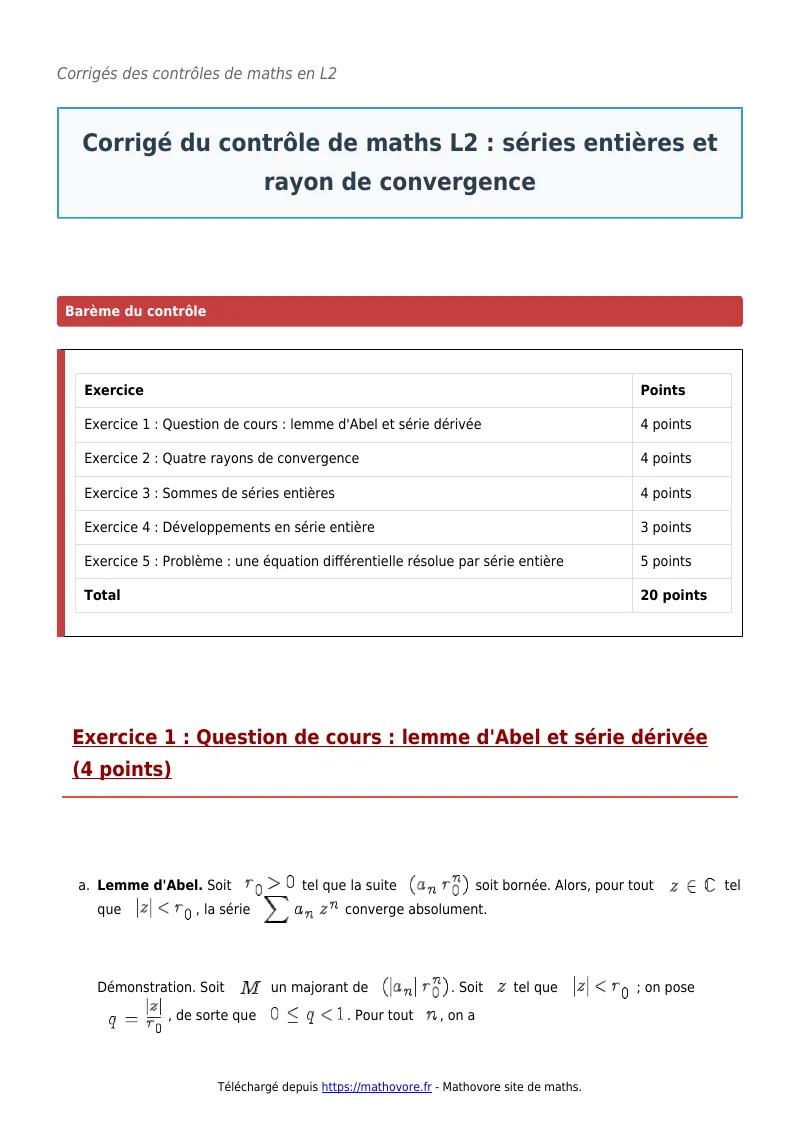 Contrôle de maths en L2 : Séries entières et rayon de convergence corrigé en PDF