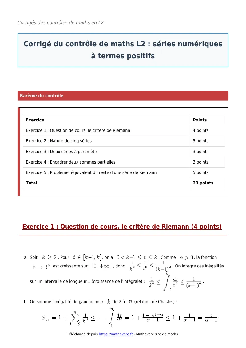 Contrôle de maths en L2 : Séries numériques à termes positifs corrigé en PDF