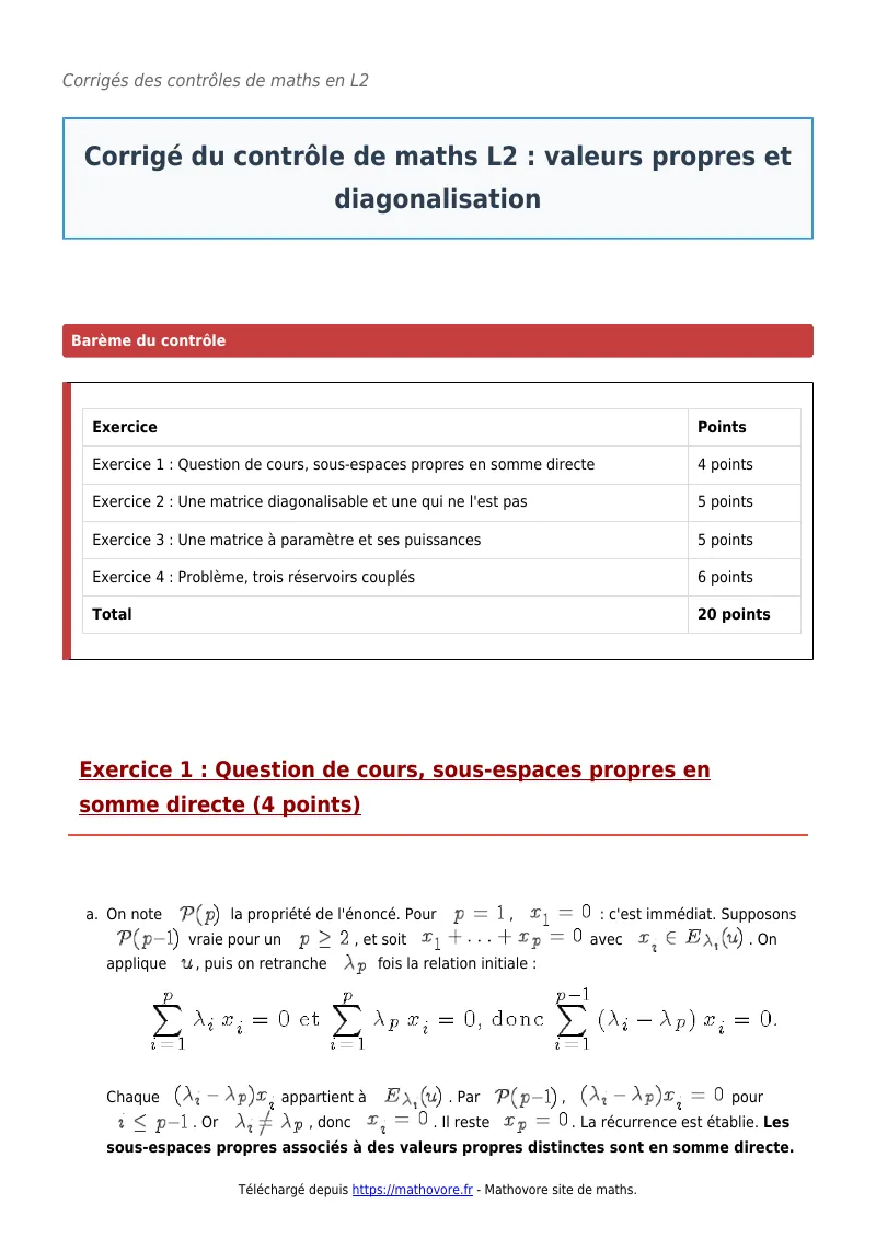 Contrôle de maths en L2 : Valeurs propres et diagonalisation corrigé en PDF