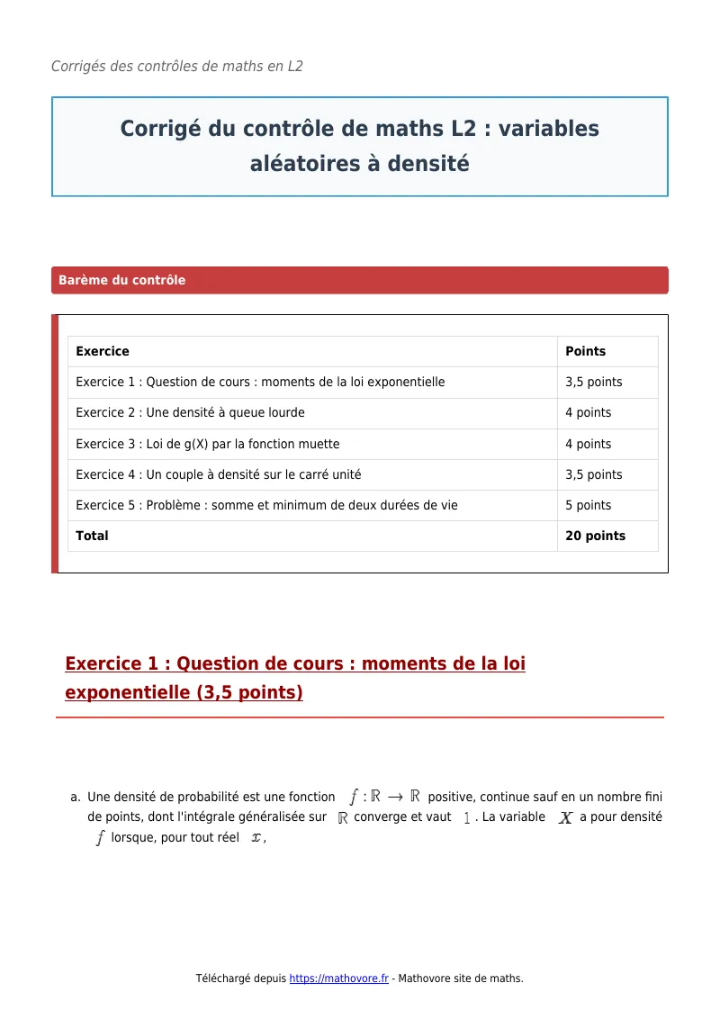 Contrôle de maths en L2 : Variables aléatoires à densité corrigé en PDF