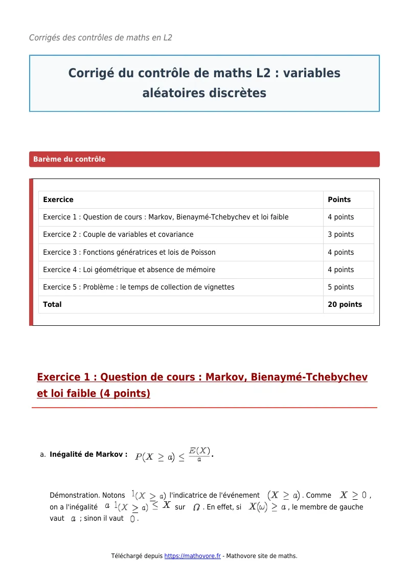 Contrôle de maths en L2 : Variables aléatoires discrètes corrigé en PDF
