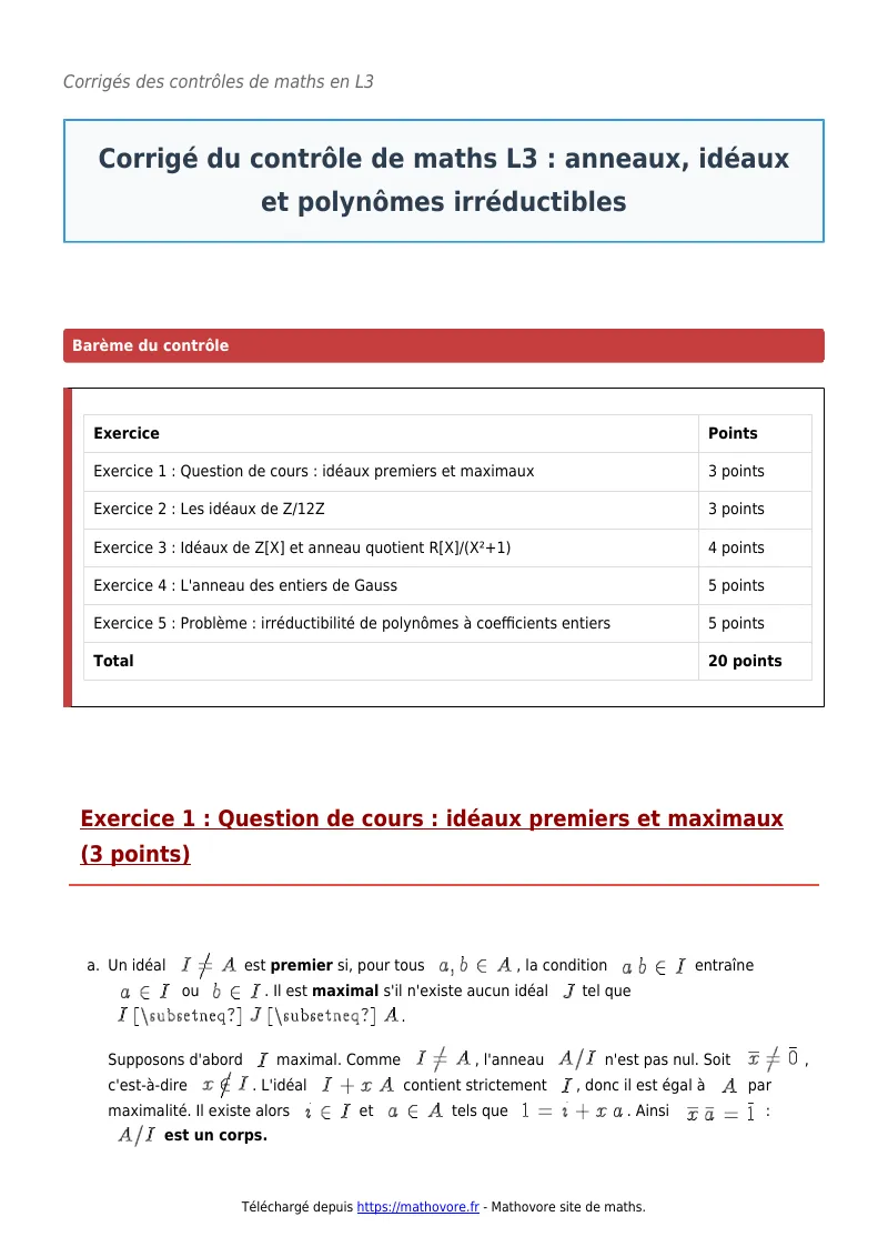 Contrôle de maths en L3 : Anneaux, idéaux et polynômes irréductibles corrigé en PDF