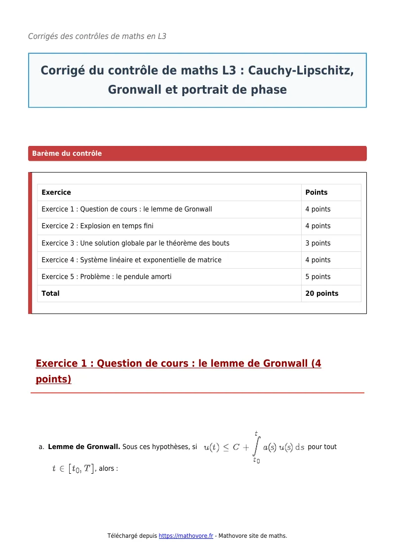 Contrôle de maths en L3 : Cauchy-Lipschitz, Gronwall et portrait de phase à télécharger corrigé en PDF