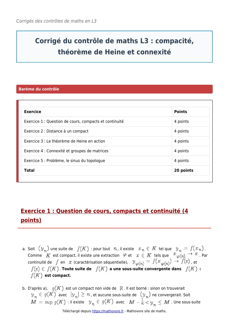Contrôle de maths en L3 : Compacité, théorème de Heine et connexité corrigé en PDF