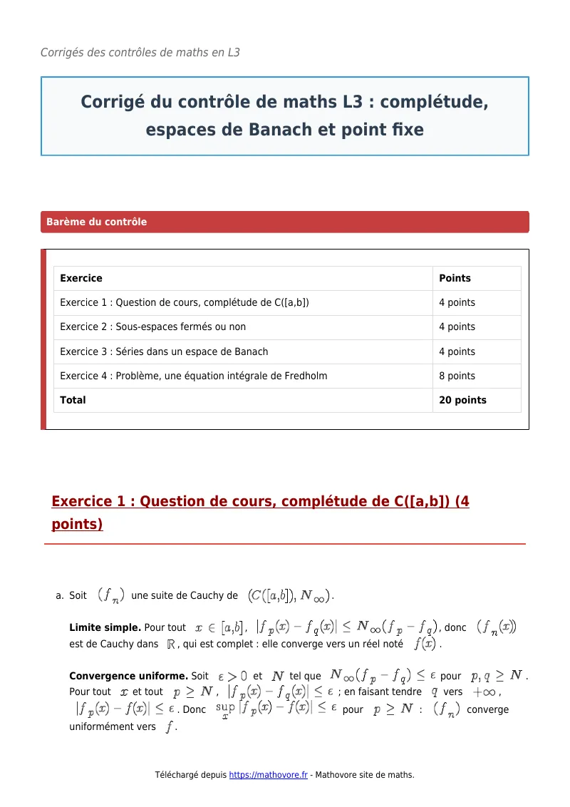 Contrôle de maths en L3 : Complétude, espaces de Banach et point fixe à télécharger corrigé en PDF