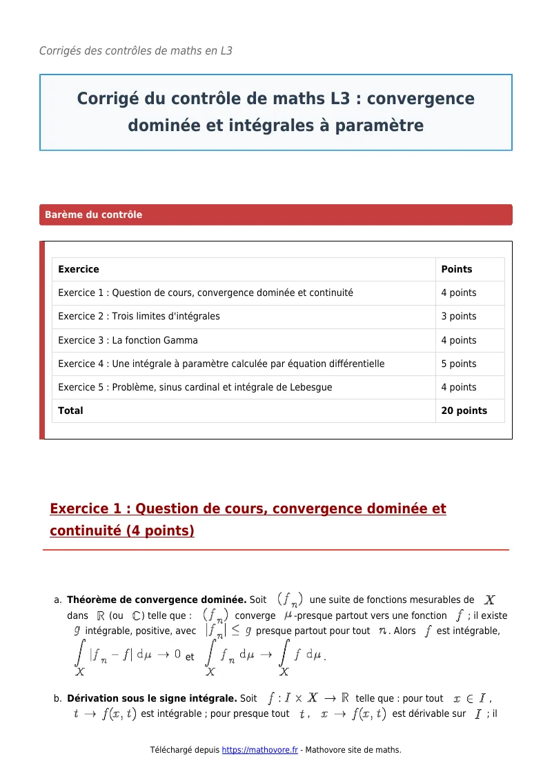 Contrôle de maths en L3 : Convergence dominée et intégrales à paramètre corrigé en PDF