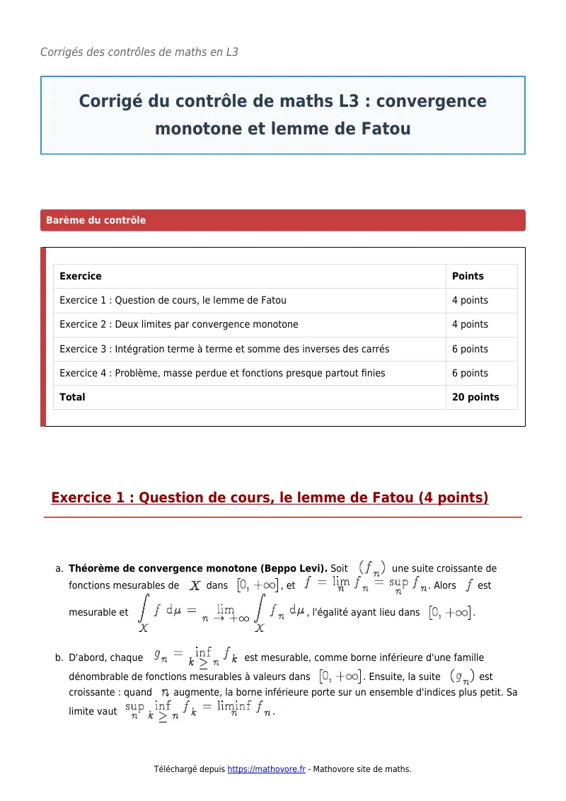 Contrôle de maths en L3 : Convergence monotone et lemme de Fatou corrigé en PDF
