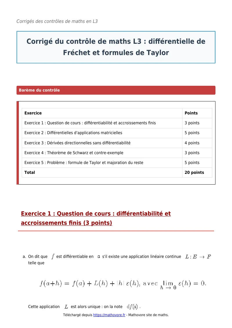 Contrôle de maths en L3 : Différentielle de Fréchet et formules de Taylor à télécharger corrigé en PDF
