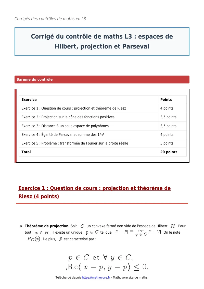 Contrôle de maths en L3 : Espaces de Hilbert, projection et Parseval à télécharger corrigé en PDF