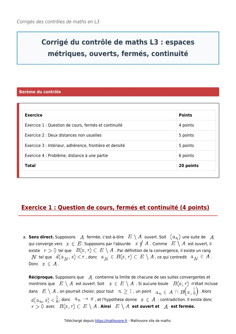 Contrôle de maths en L3 : Espaces métriques, ouverts, fermés, continuité à télécharger corrigé en PDF