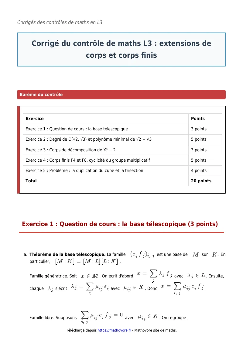 Contrôle de maths en L3 : Extensions de corps et corps finis à télécharger corrigé en PDF