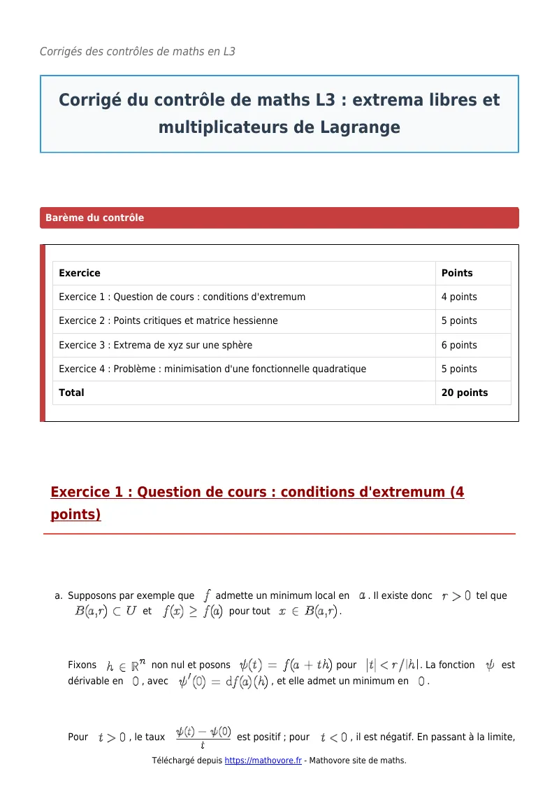 Contrôle de maths en L3 : Extrema libres et multiplicateurs de Lagrange corrigé en PDF