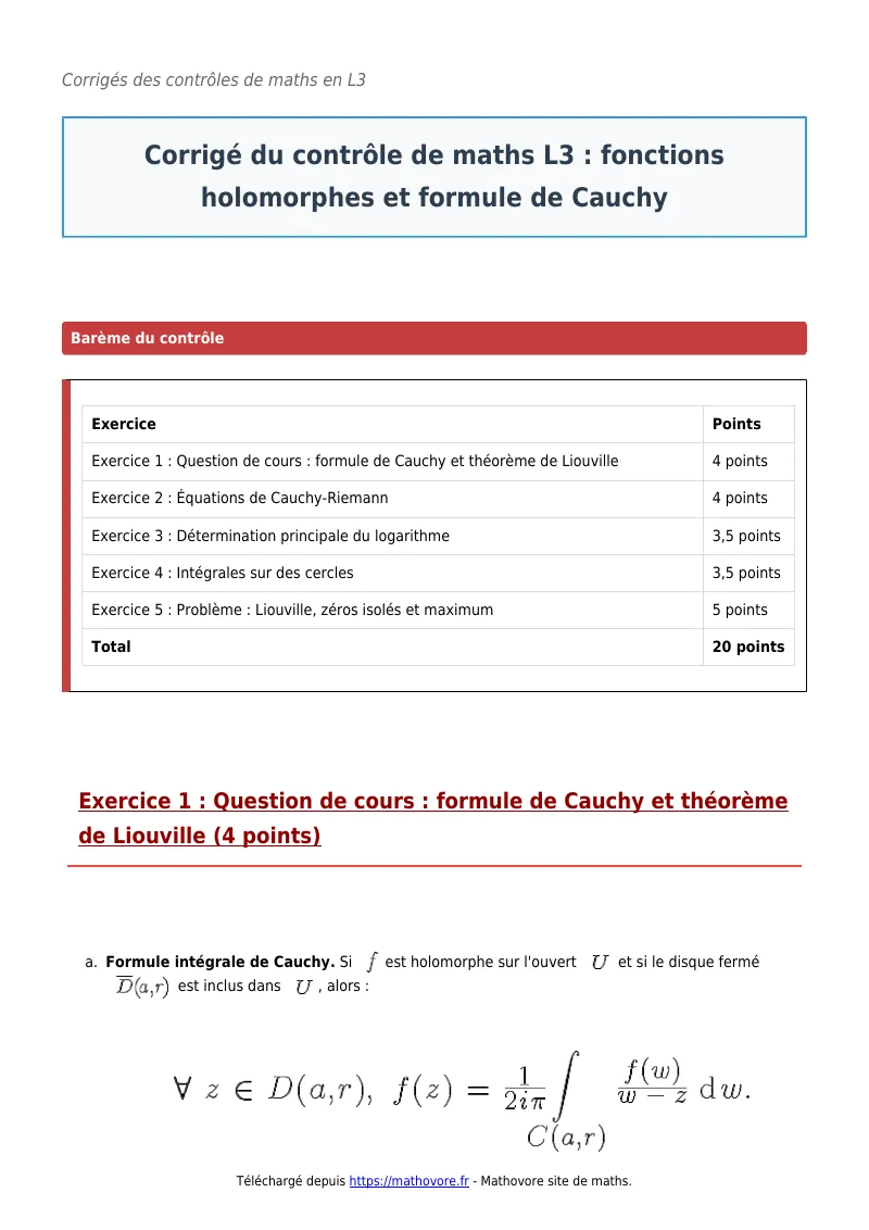 Contrôle de maths en L3 : Fonctions holomorphes et formule de Cauchy corrigé en PDF