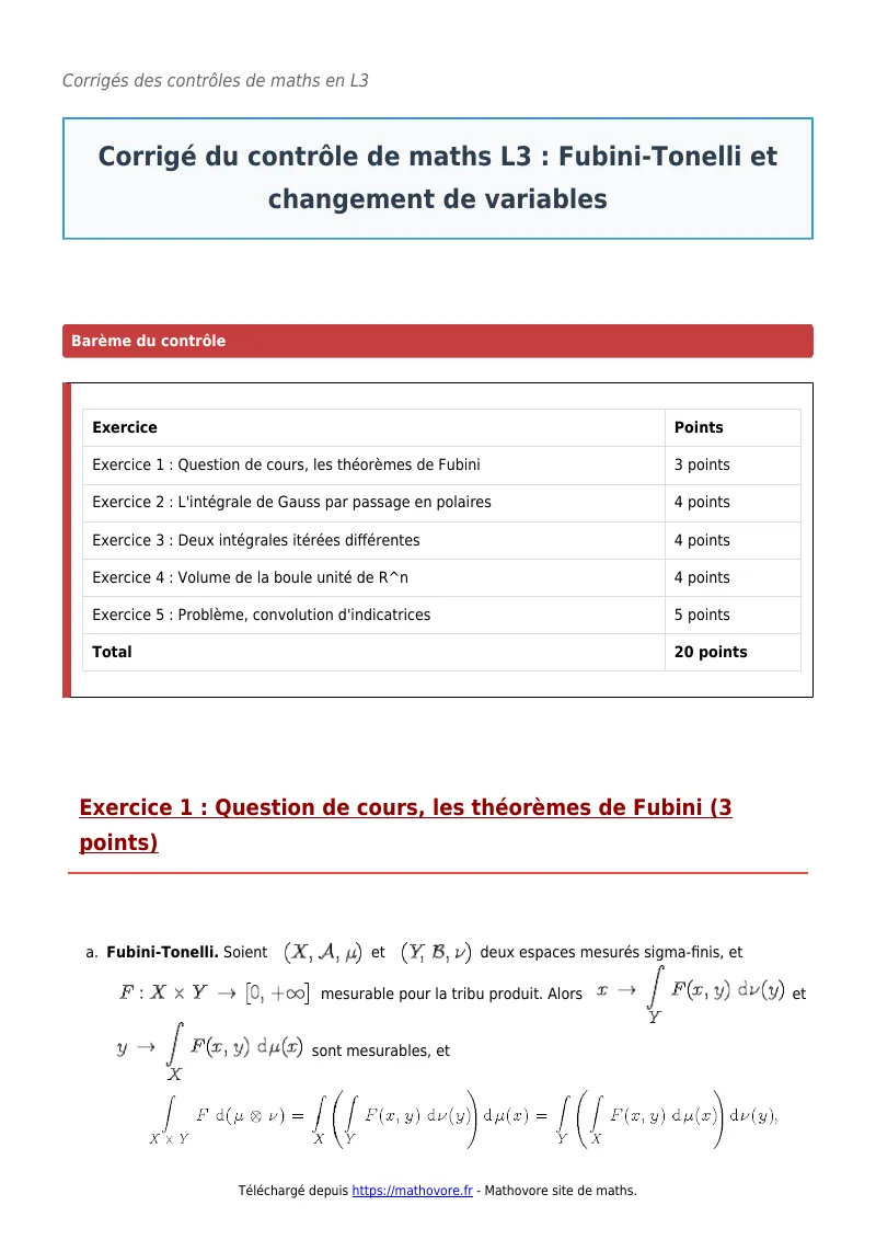 Contrôle de maths en L3 : Fubini-Tonelli et changement de variables corrigé en PDF