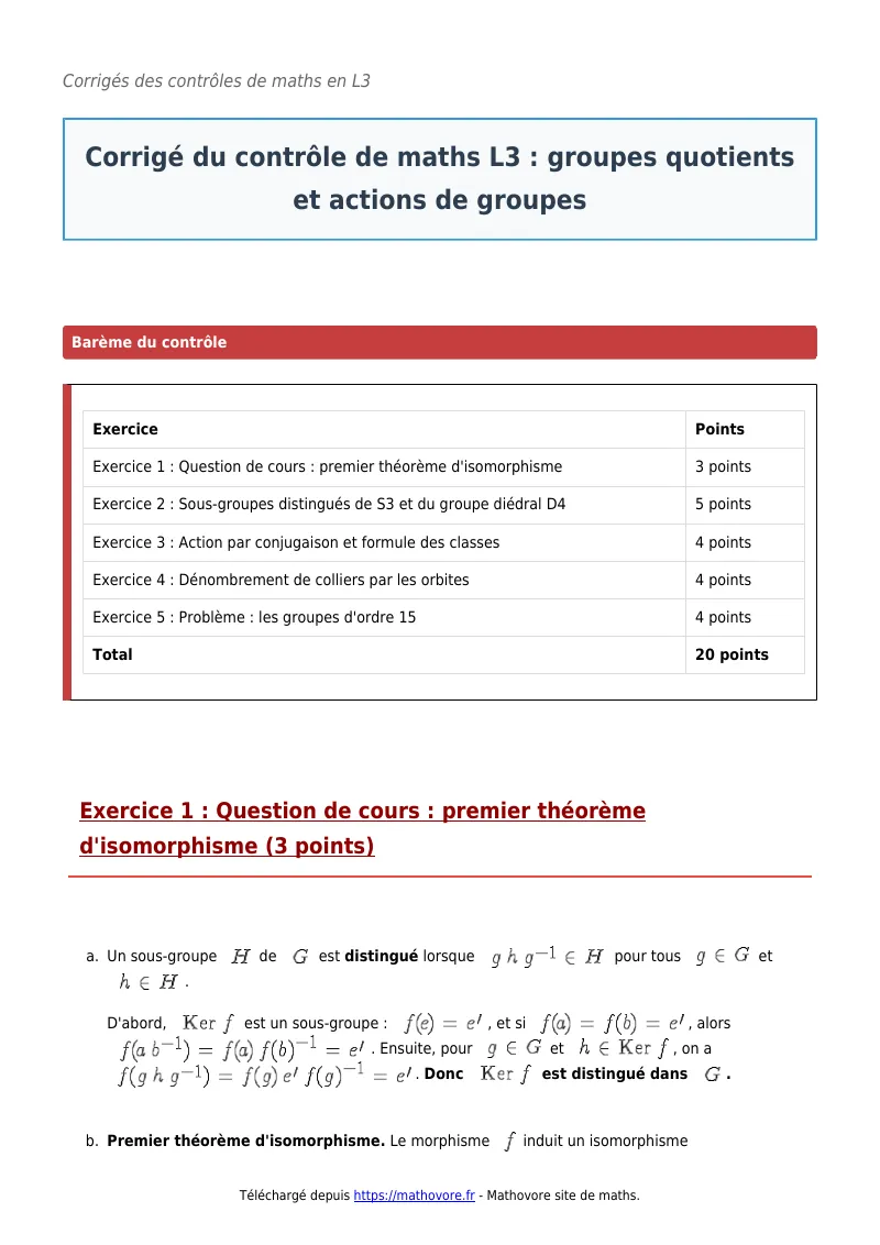 Contrôle de maths en L3 : Groupes quotients et actions de groupes à télécharger corrigé en PDF
