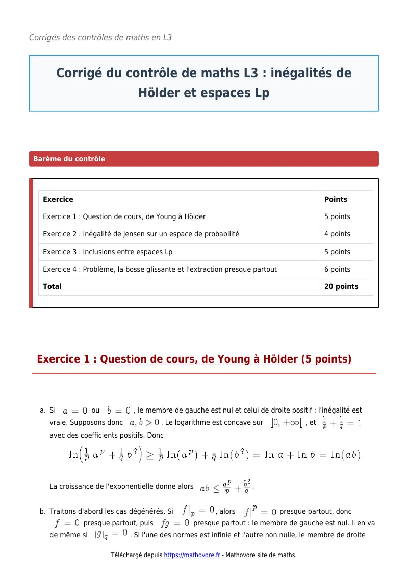 Contrôle de maths en L3 : Inégalités de Hölder et espaces Lp à télécharger corrigé en PDF