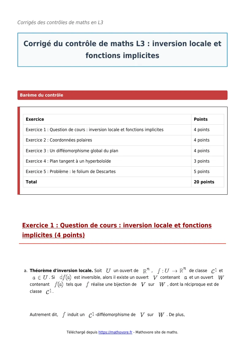 Contrôle de maths en L3 : Inversion locale et fonctions implicites corrigé en PDF