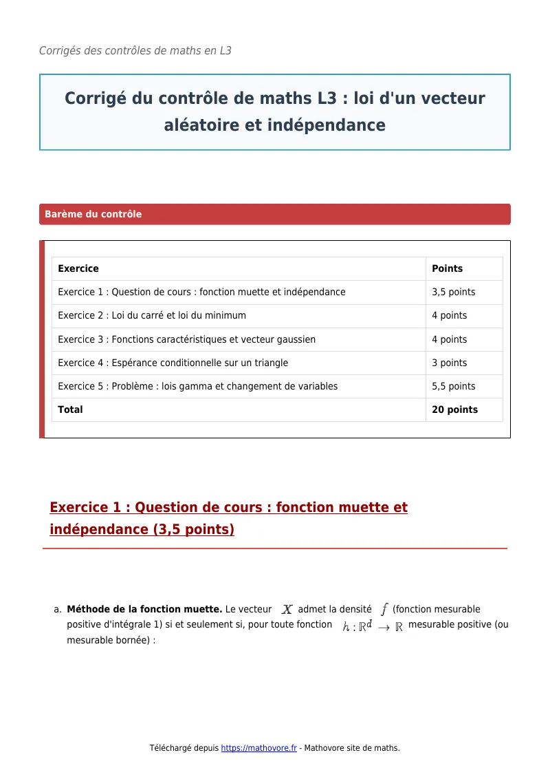 Contrôle de maths en L3 : Loi d’un vecteur aléatoire et indépendance à télécharger corrigé en PDF