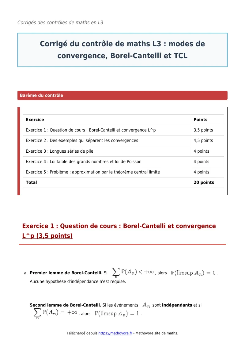 Contrôle de maths en L3 : Modes de convergence, Borel-Cantelli et TCL à télécharger corrigé en PDF