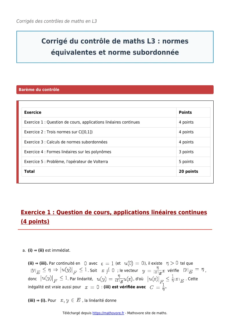 Contrôle de maths en L3 : Normes équivalentes et norme subordonnée à télécharger corrigé en PDF