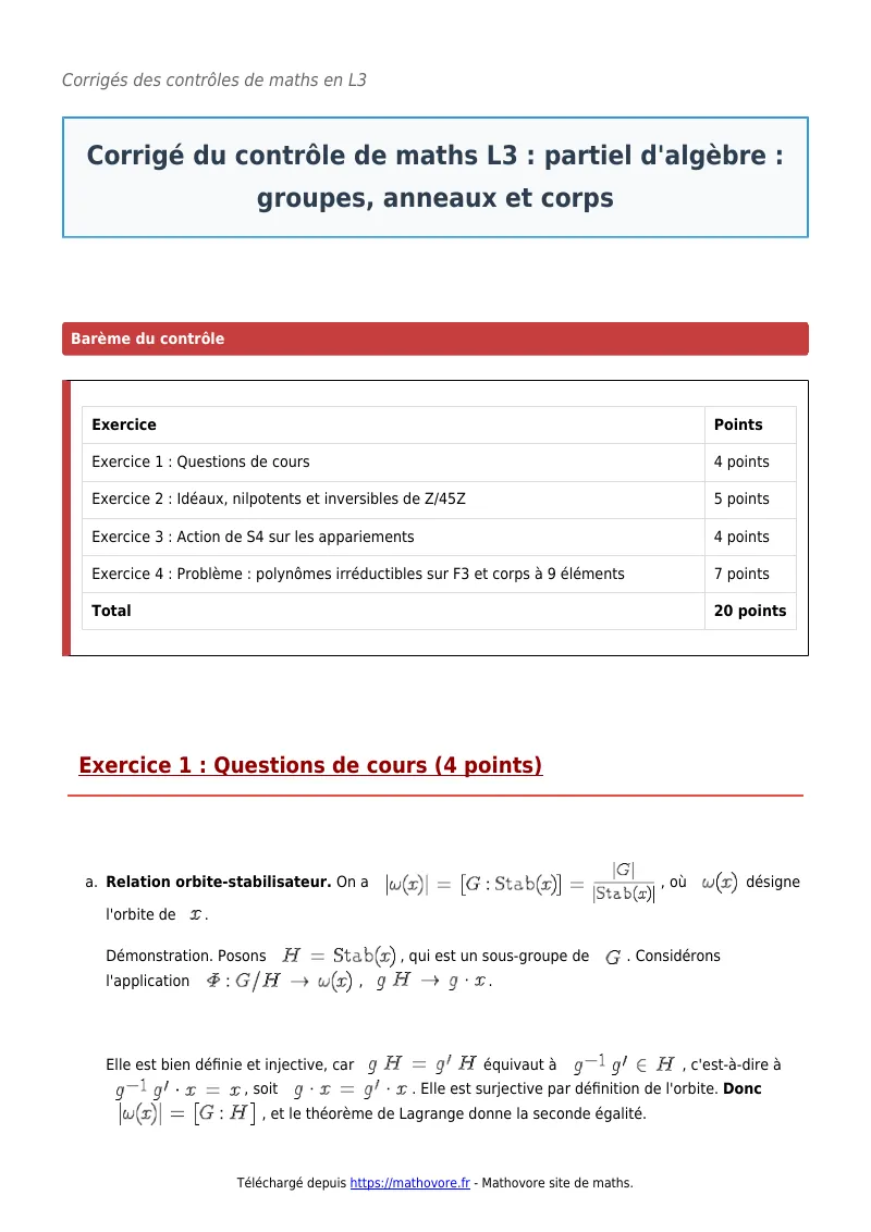 Contrôle de maths en L3 : Partiel d’algèbre : groupes, anneaux et corps à télécharger corrigé en PDF