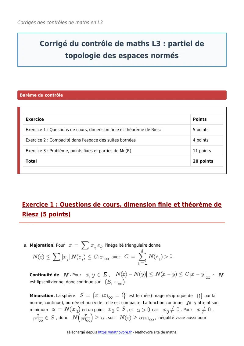 Contrôle de maths en L3 : Partiel de topologie des espaces normés à télécharger corrigé en PDF