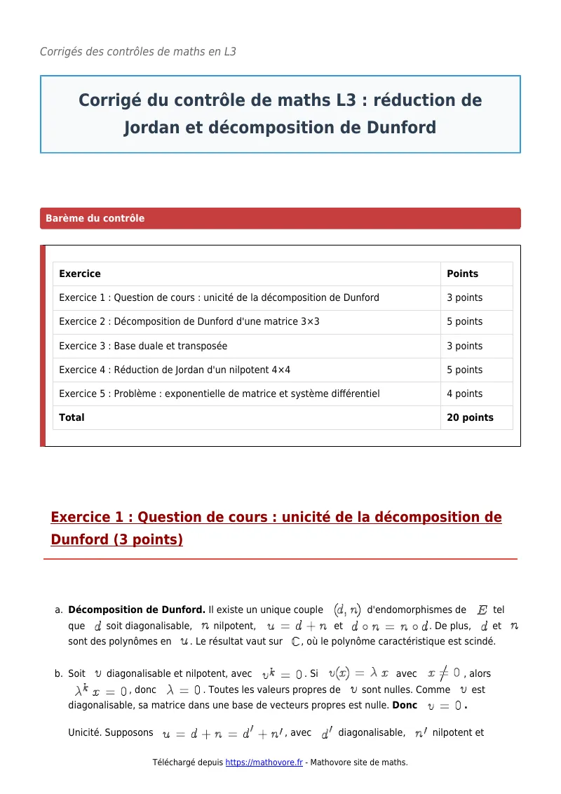 Contrôle de maths en L3 : Réduction de Jordan et décomposition de Dunford à télécharger corrigé en PDF