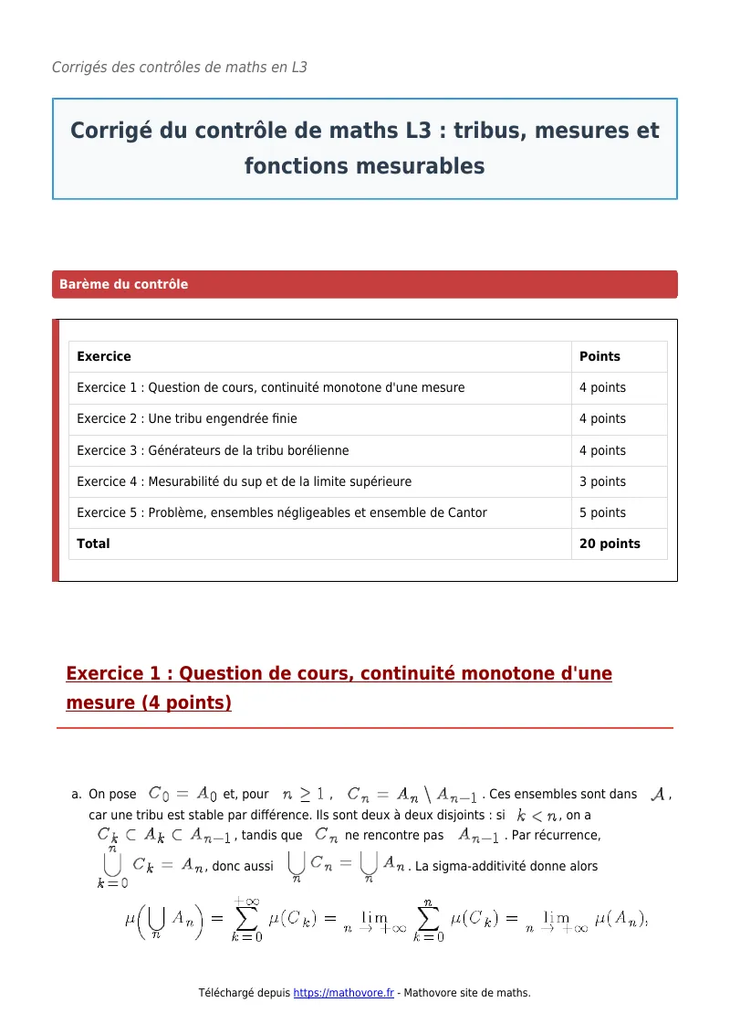 Contrôle de maths en L3 : Tribus, mesures et fonctions mesurables à télécharger corrigé en PDF