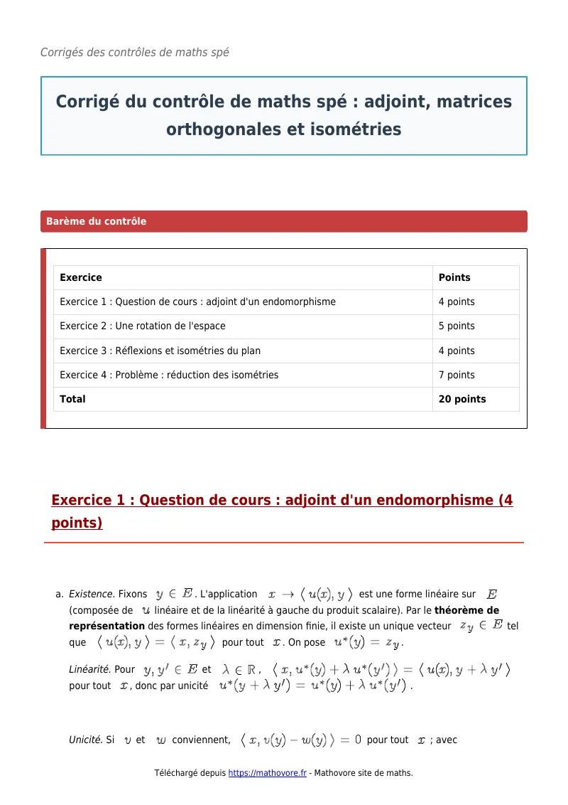 Contrôle de maths en maths spé : Adjoint, matrices orthogonales et isométries à télécharger corrigé en PDF