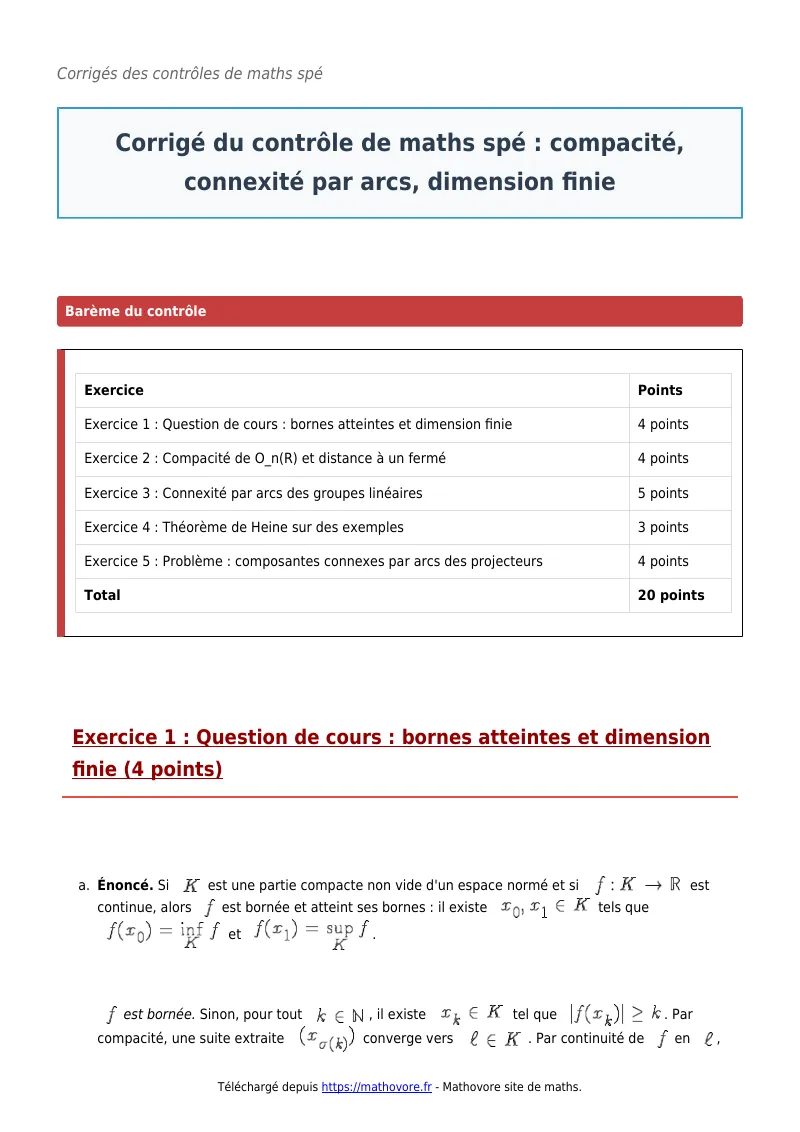 Contrôle de maths en maths spé : Compacité, connexité par arcs, dimension finie corrigé en PDF
