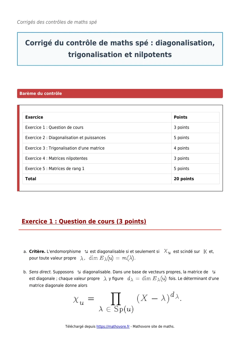 Contrôle de maths en maths spé : Diagonalisation, trigonalisation et nilpotents à télécharger corrigé en PDF
